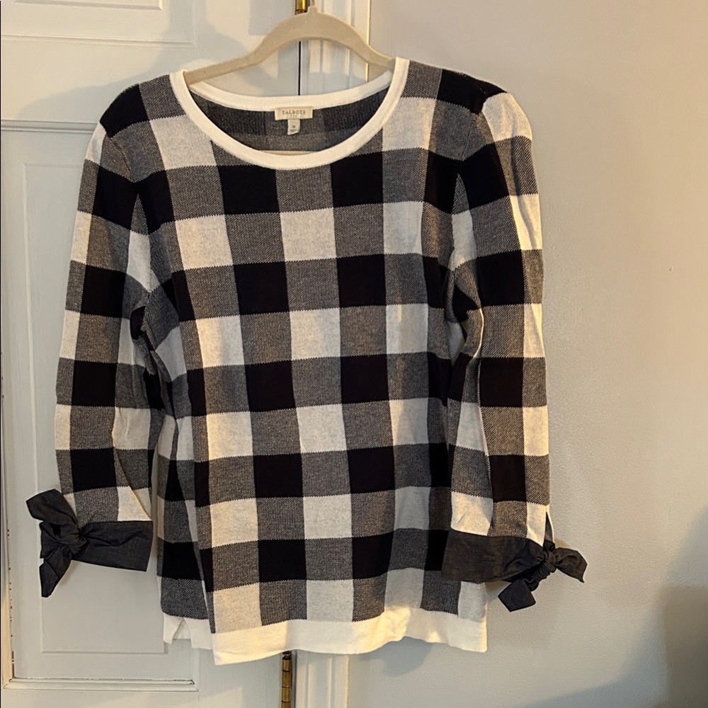 Talbots Navy and White Checkered Sweater with Bow Accents